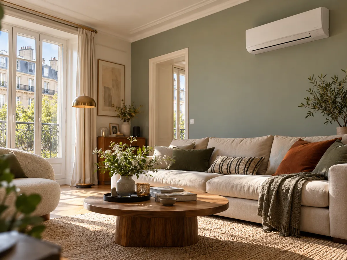 Climatisation réversible murale installée discrètement dans le salon d'un appartement haussmannien